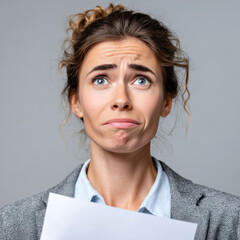 Worried Woman Holding Paper with Confused Expression – Office Protest, Layoff or Legal Shock Concept