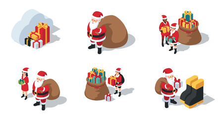 Festive santa claus scenes with gifts and helpers in isometric holiday style