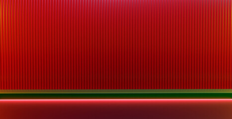 3d rendering red corrugated wall with neon lighting and green shelf