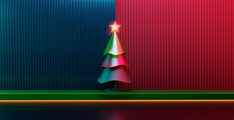 3d rendering modern christmas tree with neon star against colorful wall