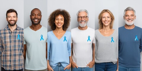 Group of diverse adults supporting awareness with blue ribbons