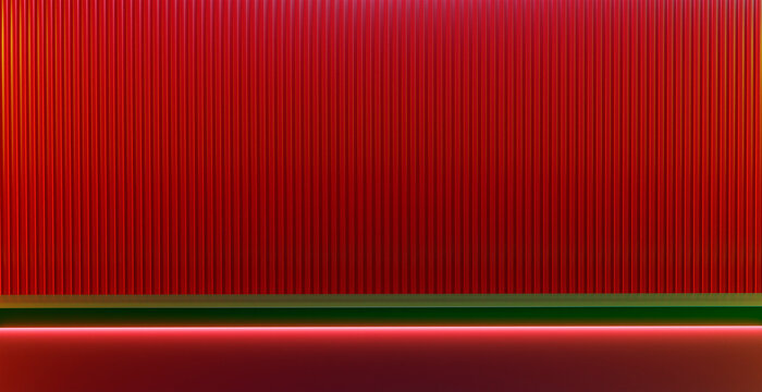 3d rendering red corrugated wall with neon lighting and green shelf