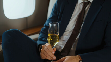 Business man in a suit holding a champagne glass while traveling comfortably in a private jet, symbolizing success, luxury lifestyle, wealth, and achievement