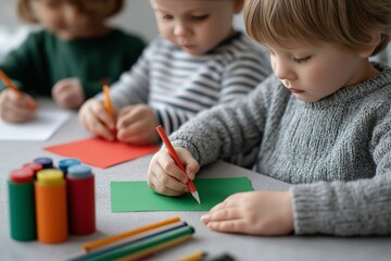 Young caucasian children drawing with colored pencils in classroom art activity