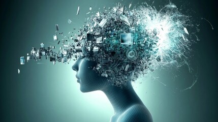 Obraz premium Abstract Human Silhouette with Exploding Ideas and Information, Symbolizing Future Evolution and AI