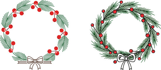 Christmas wreaths with red berries and green pine leaves, festive holiday decoration illustration, winter ornament vector design with bow