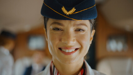 Professional flight attendant smiling warmly at the camera in an aircraft cabin, representing...
