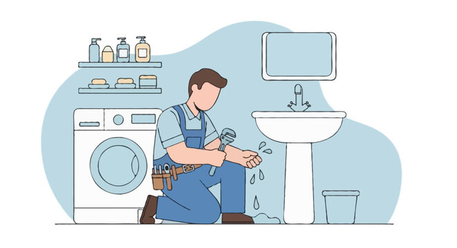 Flat vector illustration of a faceless plumber kneeling on the floor fixing a leaking sink