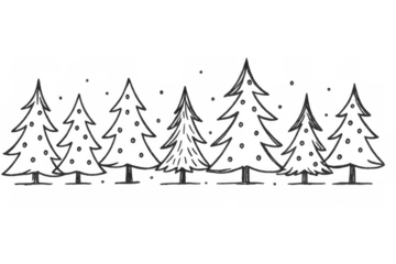 Christmas trees hand drawing outline border with falling snow on transparent background for winter holidays design