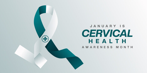 January is National Cervical Health Awareness Month. Ribbon and plus icon. Suitable for posters, banners and social media. White background.