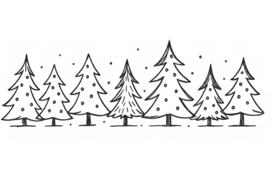 Christmas trees hand drawing outline border with falling snow on transparent background for winter holidays design