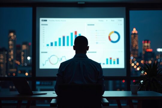 African Business Analyst Engrossed in Late-Night Work with City Skyline in View, Focused on Interactive KPI Dashboard