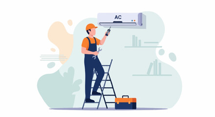 Flat vector illustration, faceless AC technician standing on a small ladder while checking an air conditioner unit