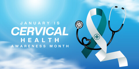 January is National Cervical Health Awareness Month. Ribbon, stethoscope, sun and cloud. Suitable for posters, banners and social media. Blue background.