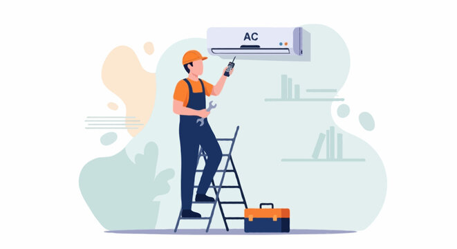 Flat vector illustration, faceless AC technician standing on a small ladder while checking an air conditioner unit
