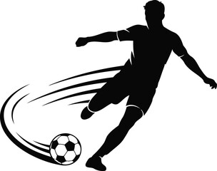 Dynamic minimal soccer striker silhouette in action with a vibrant flying ball trail perfect for sports branding and logos © SHEULI