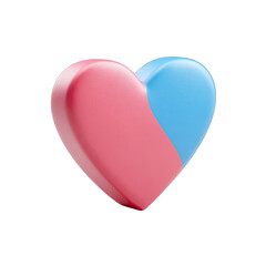 A heart shape, split in half, with one side a vibrant pink and the other a light blue.  3D rendered