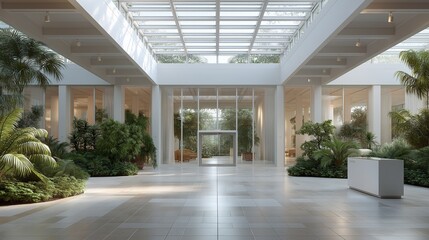 Bright modern atrium with lush indoor garden and skylights