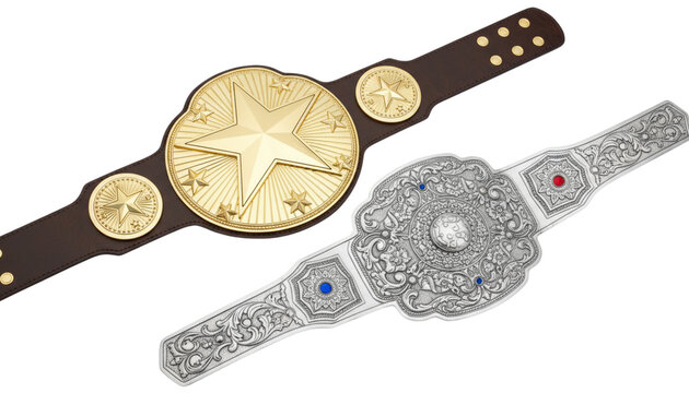 Two championship wrestling belts displayed against a black background