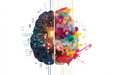 Illustration depicting a brain divided into two halves, one side showcasing technology and circuits, the other side filled with colorful paint splashes and creativity