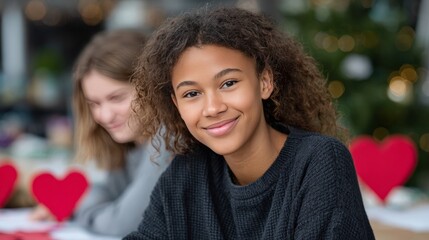 Obraz premium Smiling african young female with curly hair in festive setting