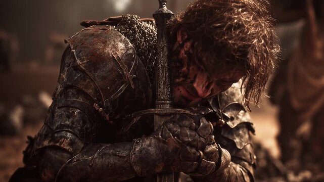 Battle-scarred medieval knight kneels amid embers and ruin, exhaustion and devotion combining into a powerful emblem of sacrifice, courage and faith suited to epic history or heroic storytelling.