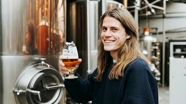 Friendly brewer raises a pint in the fermentation room, stainless tanks glowing behind him - warm craft-beer lifestyle visual perfect for pubs, brewery tours and small business branding.