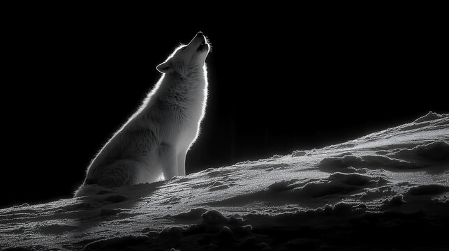 Alone wolf howling on a snowy ridge under a full moon