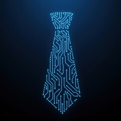 Abstract graphic depicting a necktie shape formed by glowing blue electronic circuit traces, symbolizing connection, innovation, and business technology ,trace ,corporate ,electric