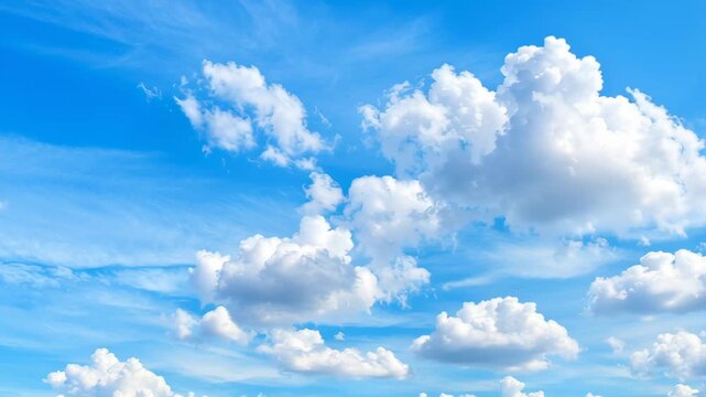 Azure Canvas: Fluffy clouds drift gracefully across a vibrant blue sky, creating a sense of boundless freedom and peace. 