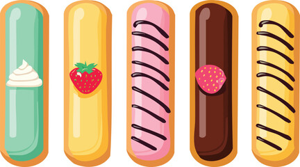 Colorful illustration showcasing five different glazed eclairs with various toppings and fillings. Vector set French pastries.