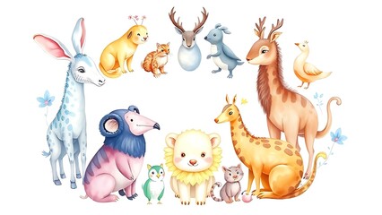 Fototapeta premium Soft watercolor illustrations of animals in pastel tones arranged in a harmonious circular composition.