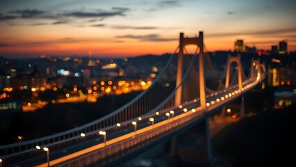 Obraz premium Suspension bridge at dusk illuminated by warm city lights, showcasing an urban landscape.
