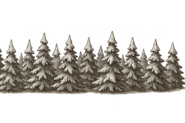 Winter forest border with pine trees covered in snow, hand drawn monochrome illustration on transparent background