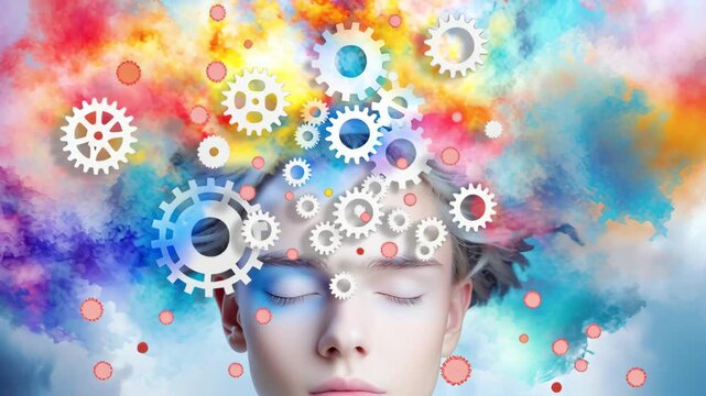 Brainstorming Creativity: A surreal fusion of gears and vibrant colors bursts from the mind of an individual, representing the dynamic process of innovative thought and artistic exploration.