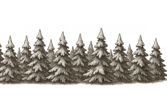 Winter forest border with pine trees covered in snow, hand drawn monochrome illustration on transparent background