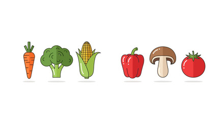 Set of colorful vegetable line icons. Carrot, broccoli, corn, bell pepper, mushroom, and tomato for cooking and healthy eating concepts