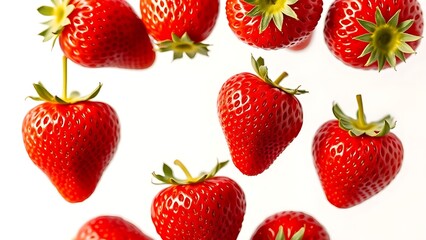 Vibrant red strawberries in mid-air against a pure white background, showcasing crisp detail.