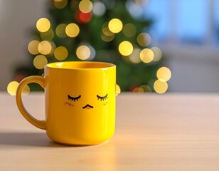 Bright yellow mug with sleepy face, tree bokeh background