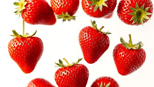 Vibrant red strawberries in mid-air against a pure white background, showcasing crisp detail.