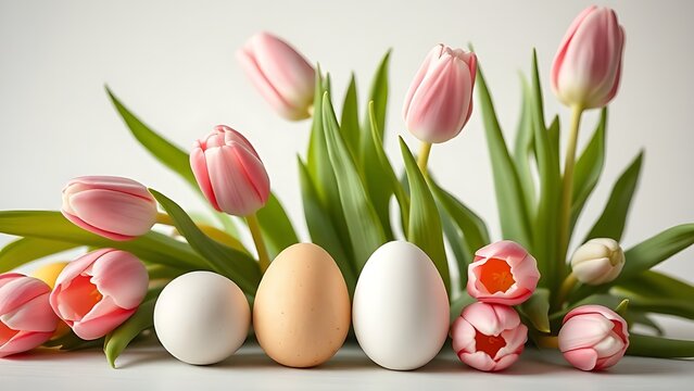 A serene arrangement of Easter eggs and tulips in soft pastel hues, evoking springtime tranquility.