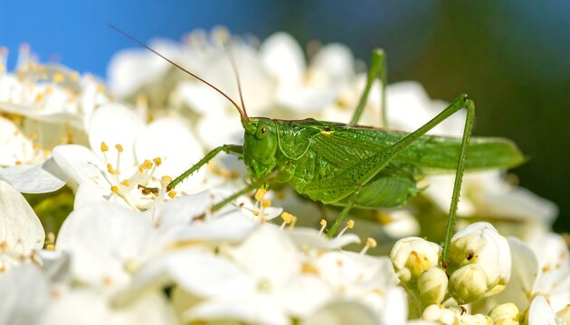 Close-up of a vibrant green insect on white flower blossoms