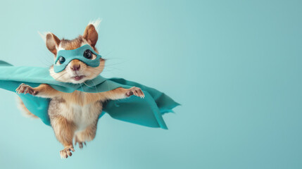 Cute squirrel dressed as superhero with mask and cape flying against blue background, showcasing playful and imaginative scene