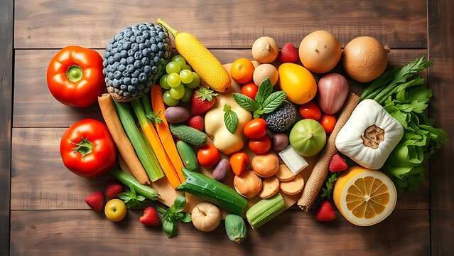 Fresh healthy foods arranged in a heart shape on a rustic wooden surface. - Powered by Adobe