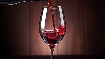 An elegant wine glass with ruby liquid being poured, set against a dark wood table for a sophisticated dining scene.