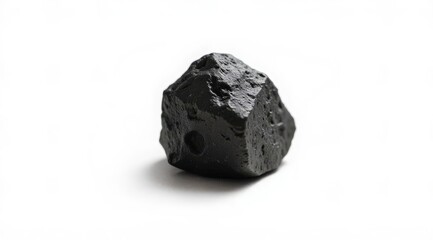 A black porous basalt stone with an uneven surface, highlighted on a white background. Ideal for scientific illustrations and geological projects.
