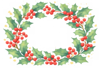 Christmas holly wreath creating a festive frame, featuring watercolor red berries and green leaves on transparent background