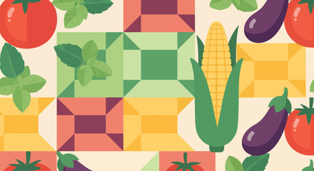 Colorful geometric vegetable pattern with stylized tomatoes, corn, and eggplants