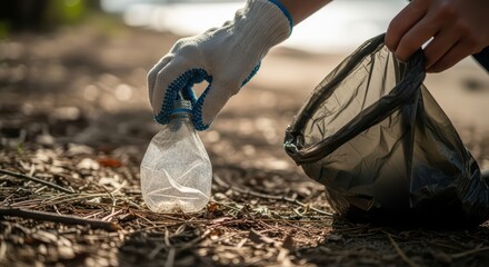 Hands collecting plastic waste on beach for environmental cleanup