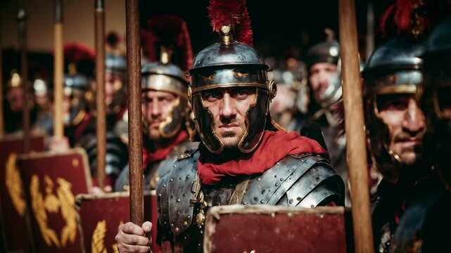Tough Roman legionaries glare beneath metal helmets, textured armor glowing by torchlight - gritty close-up that channels empire, power and duty for documentaries, museum promos or dramatic culture co
